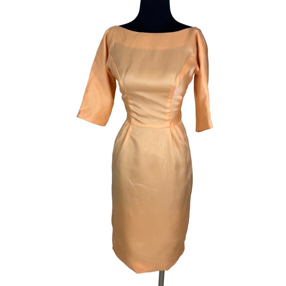 Vintage 60s Lorrie Deb Apricot Satin Wiggle Dress Jackie O Mid Century Cocktail